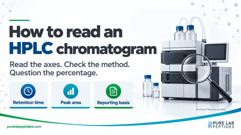 Illustrated HPLC instrument beside three reading prompts: retention time, peak area and reporting basis.